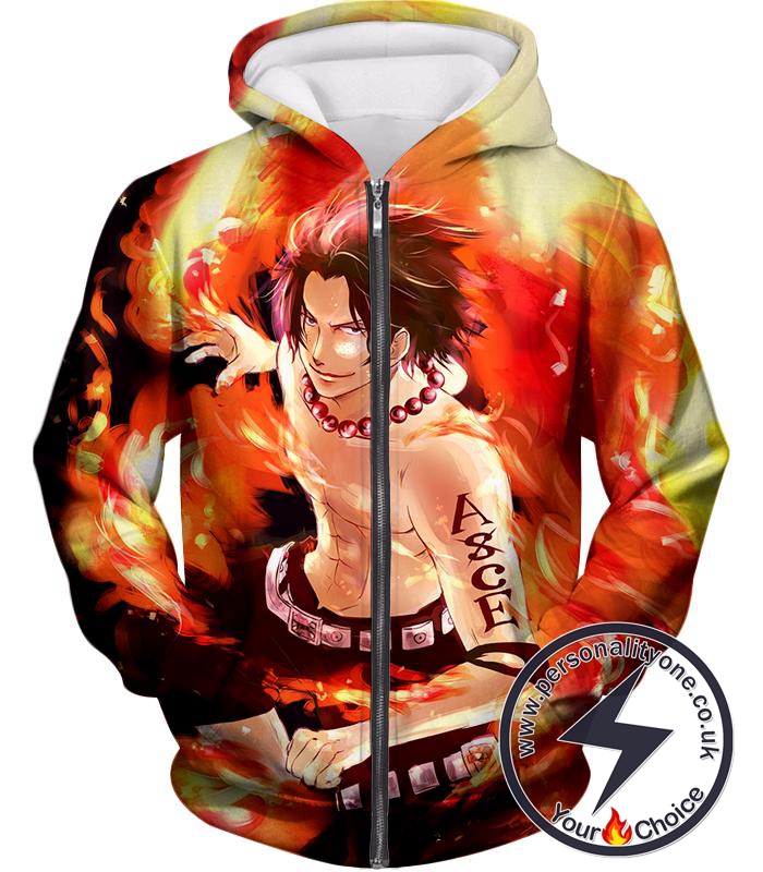 One Piece Handsome Whitebeard Pirate 2nd Division Commander Ace Action Zip Up Hoodie